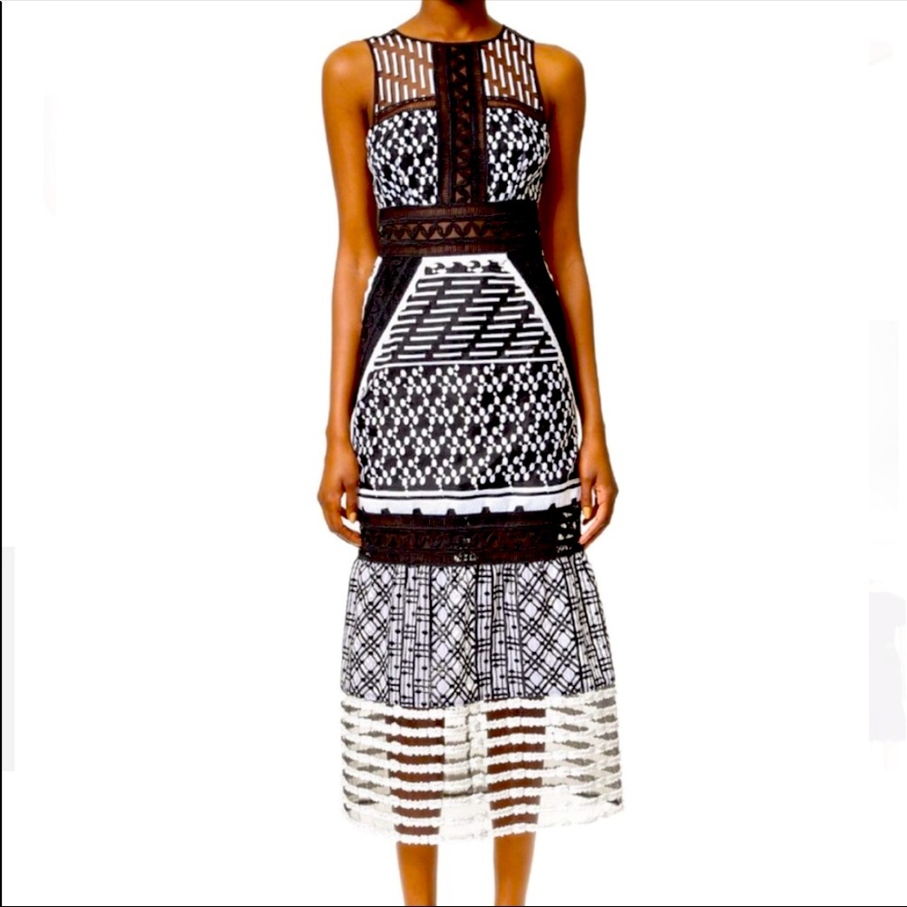 Jonathan Simkhai Sleeveless Mesh-Inset Midi Dress, Black/White